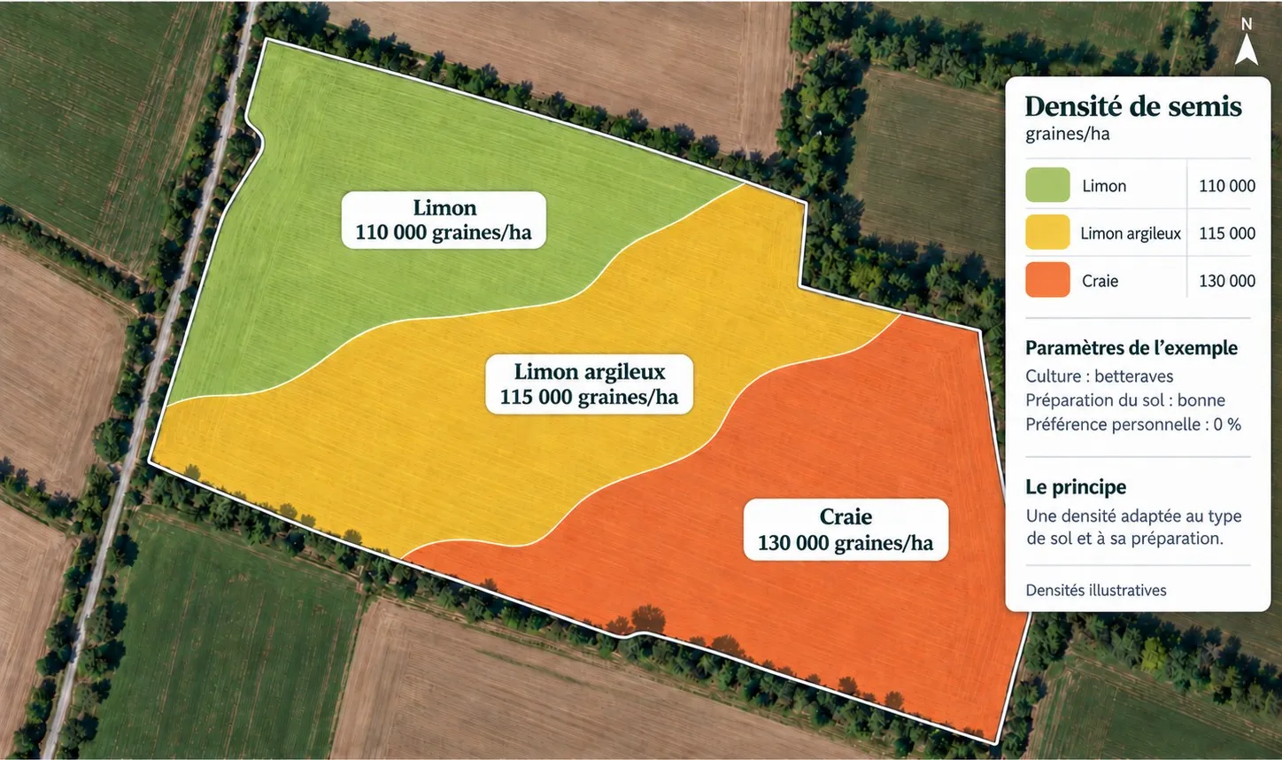 Vue aérienne d’une parcelle découpée en trois zones selon le type de sol — limon, limon argileux, craie — avec dans chaque zone la densité de semis de betterave en graines par hectare, de 110 000 à 130 000, et une légende.