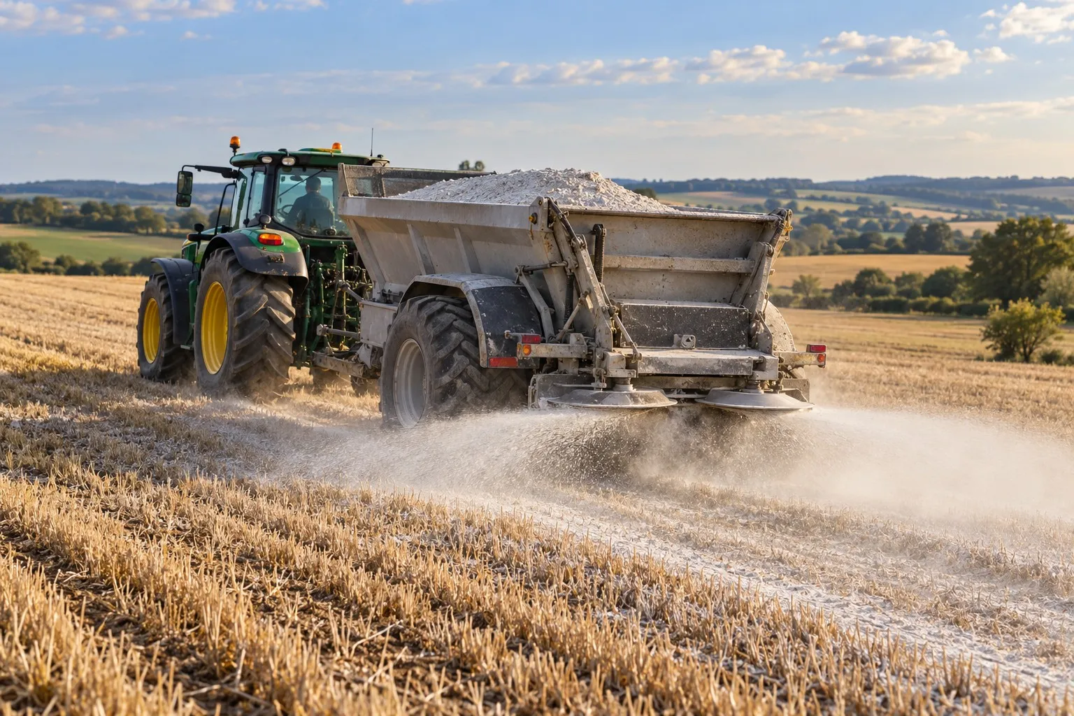 Un tracteur et son épandeur à chaux au travail sur une parcelle en chaumes, un nuage de poussière blanche derrière les disques d’épandage, sous un ciel d’été finissant.
