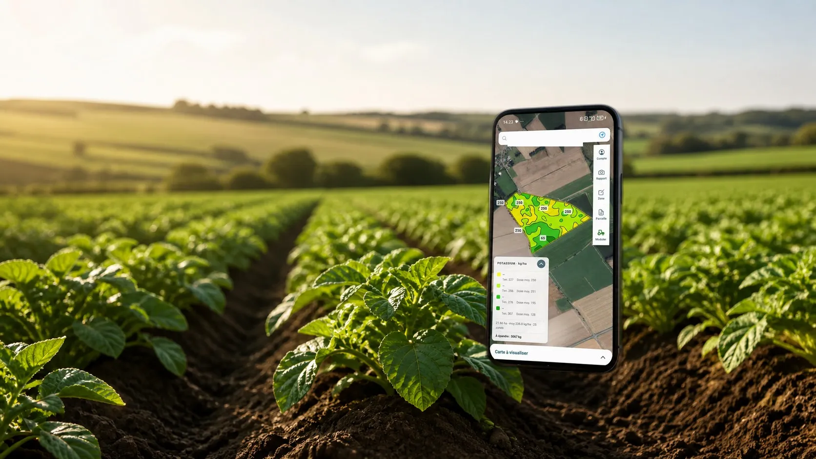 L'application AgriDrone affiche une carte de modulation du potassium, dans un champ de pommes de terre.