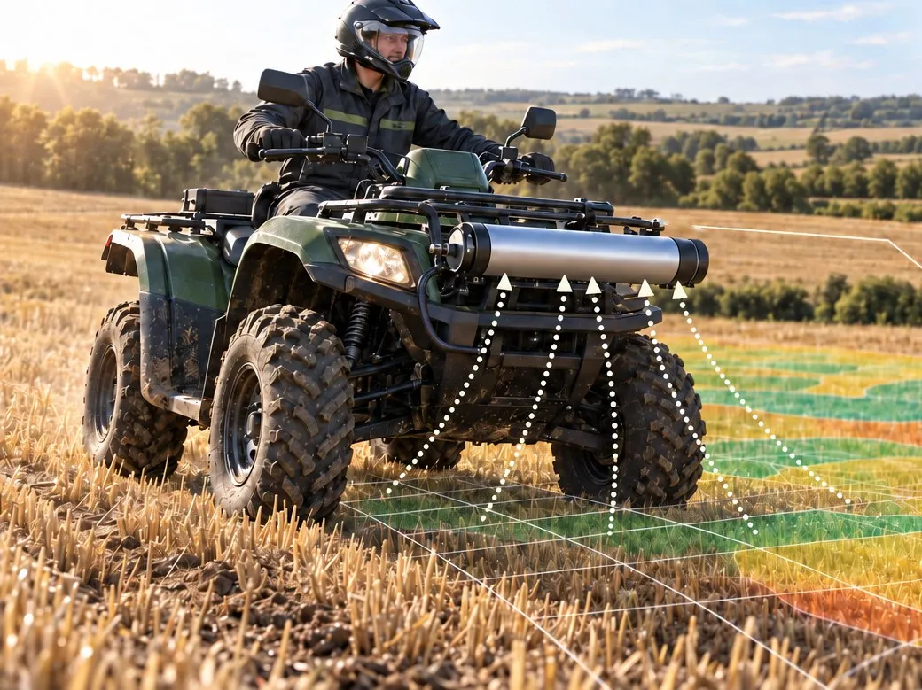 Un opérateur en quad parcourt une parcelle en chaumes, un capteur cylindrique fixé à l’avant du véhicule, à quelques dizaines de centimètres du sol.