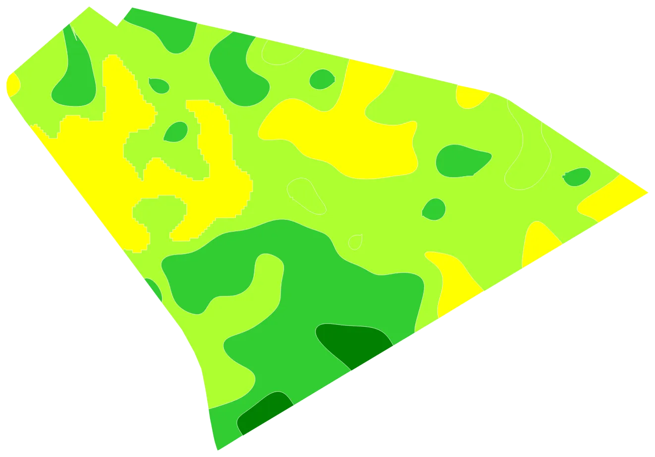 Carte des teneurs en potassium de la même parcelle : de larges plages jaunes et vert clair, plus vertes vers le sud.